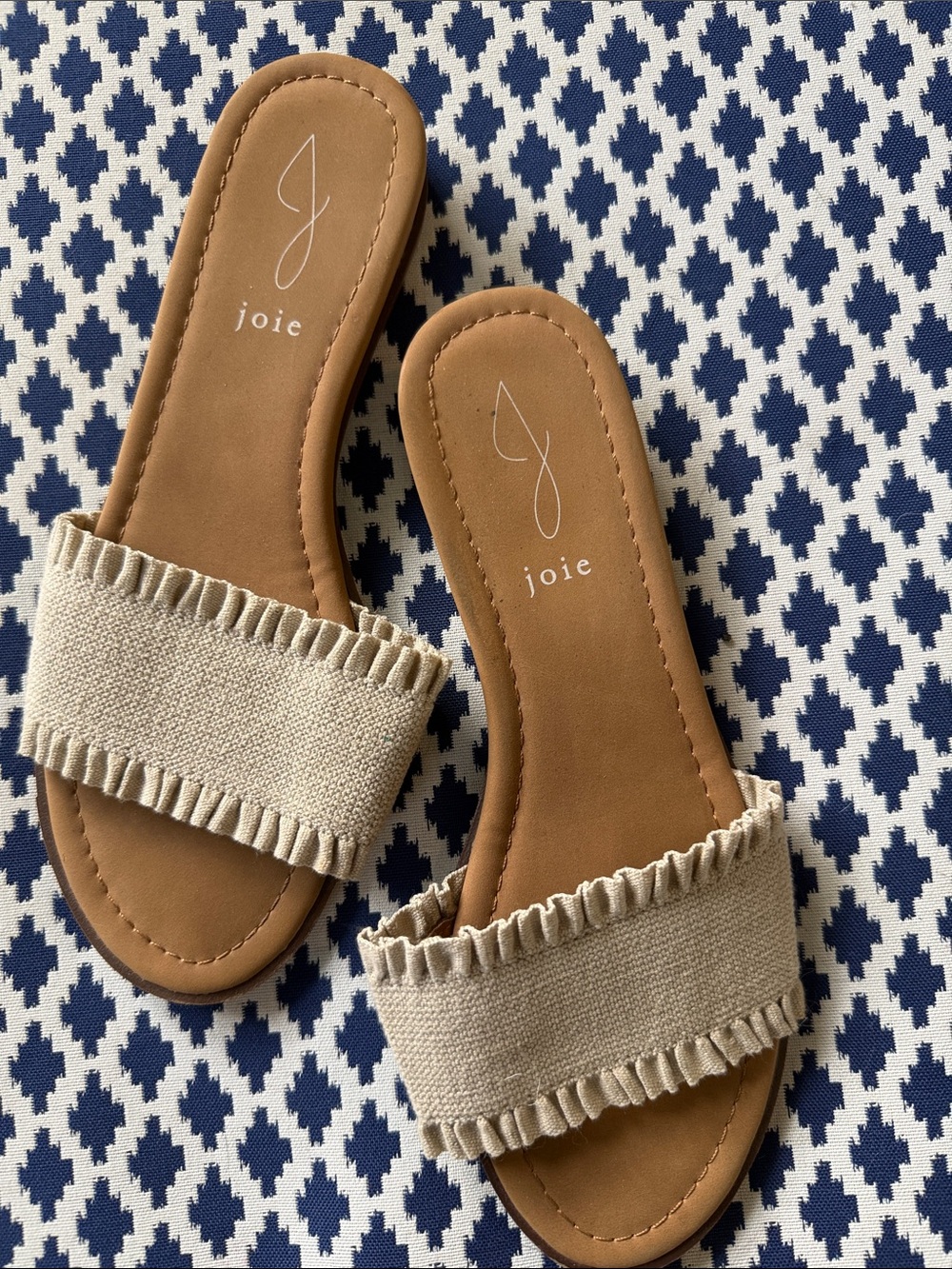 Joie Neutral Beige Canvas Slide Sandals with Tan Footbed